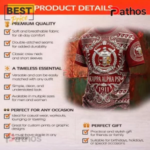 Kappa Alpha Psi fraternity red t-shirt with white Greek key patterns, 1911 text, and official emblem on a textured background.!