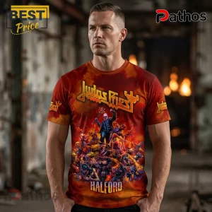 Judas Priest Rob Halford Inferno Battle Scene Apparel T-Shirt 1 Judas Priest graphic t-shirt featuring Rob Halford and fire-themed imagery on an orange and red cotton crew neck.!