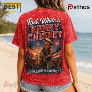 Kenny Chesney America 250 Limited Edition Graphic T-Shirt 4 Red acid-wash t-shirt featuring Kenny Chesney, acoustic guitar, fireworks, American flag, and 250 Years of Freedom text.!