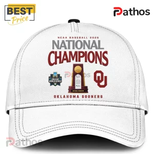 White baseball cap featuring 2026 NCAA Baseball National Champions graphics, trophy icon, and Oklahoma Sooners logo.!