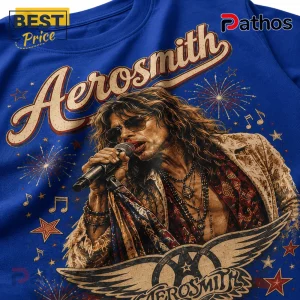 Aerosmith Red White And Blue Vintage Royal Blue Shirt 4 Aerosmith graphic t-shirt in royal blue featuring Steven Tyler singing with sunglasses, fireworks, and band logo text.!