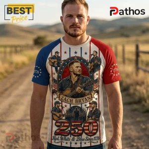 Zach Bryan country music graphic tee with red sleeves, blue sleeves, and American flag-themed stars and stripes pattern.!