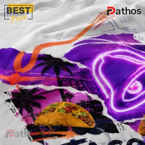 White cotton t-shirt featuring a neon purple bell graphic, palm tree silhouettes, and a crisp taco print design.!