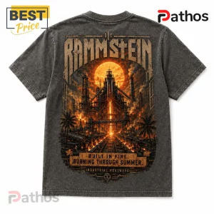 Rammstein Premium Vintage Charcoal T-Shirt 3 Charcoal gray vintage-wash t-shirt with Rammstein logo, industrial refinery graphic, palm trees, and flaming sun backdrop.!