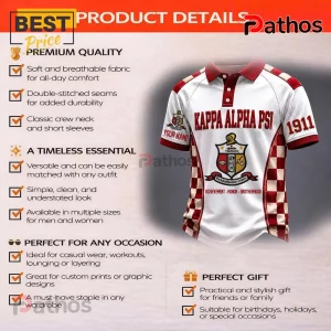 Kappa Alpha Psi polo shirt in white and crimson with checkered side panels and fraternity crest on front.!