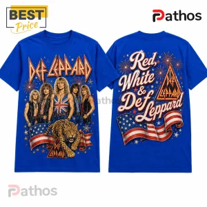 Def Leppard Vintage Rock Band Patriotic Crewneck T-Shirt 1 Def Leppard graphic t-shirt in royal blue with band members, a leopard, and patriotic American flag art on front and back.!