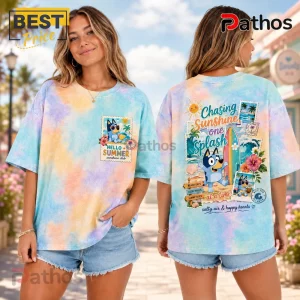 Blue tie-dye t-shirt featuring Bluey cartoon character with summer beach motifs, palm trees, and Chasing Sunshine text.!