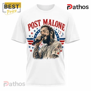 White t-shirt featuring a Post Malone portrait, red text, and red and blue star graphics in a patriotic circular design.!