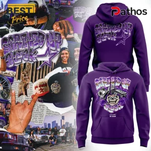 Purple cotton-blend pullover hoodie featuring Screwed Up Click graffiti graphics, a skull, and record player motifs.!
