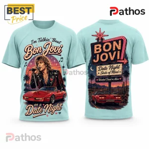 Bon Jovi Retro Roadside Nights Road Trip Vibes T-Shirt 1 Light blue t-shirt featuring Jon Bon Jovi with red sports car, neon sign graphics, and text reading Date Night on a mission.!