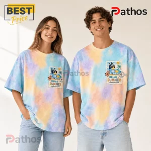 Man and woman wearing pastel tie-dye oversized t-shirts featuring a cartoon Bluey character stamp graphic that says Hello Summer.!