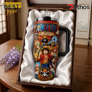 One Piece 30th Anniversary Stainless Steel Insulated Tumbler 4 One Piece 30th anniversary tumbler featuring Luffy and crew characters, inside a silk-lined wooden gift box on a table.!