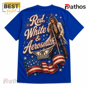 Aerosmith Red White And Blue Vintage Royal Blue Shirt 3 Blue crew neck t-shirt featuring Steven Tyler graphic with American flag, stars, and Red, White & Aerosmith text.!