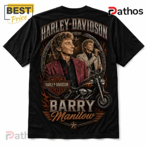 Black cotton t-shirt featuring Barry Manilow, a Harley-Davidson logo, and flames inside a metal circular frame.!