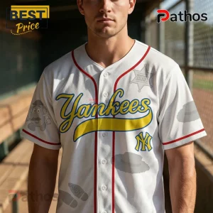 Toy Story 5 x New York Yankees Limited Edition Baseball Jersey 3 White button-down baseball jersey featuring yellow Yankees lettering, a Sheriff badge graphic, and Mr. Potato Head motifs.!
