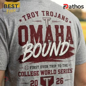 Troy Trojans 2026 College World Series Omaha Bound Shirt 1 Grey Troy Trojans t-shirt featuring Omaha Bound text in maroon and white, college baseball championship graphic design.!