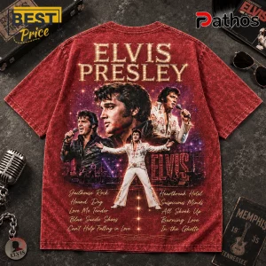 Red acid-wash t-shirt featuring Elvis Presley portraits and concert graphics with his song titles printed in gold text.!