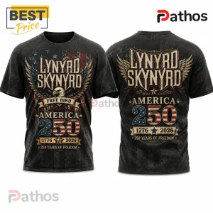 Lynyrd Skynyrd black t-shirt featuring a bald eagle, American flag print, and 250 years of freedom text on front and back.!