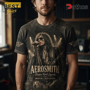 Aerosmith Band American Rock Legends Premium T-Shirt 1 Black acid-wash graphic t-shirt featuring Steven Tyler singing, Aerosmith logo, and text Boston Rock Legends.!