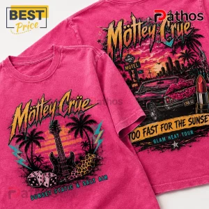 Hot pink acid wash cotton t-shirt featuring Motley Crue graphics, electric guitars, palm trees, and retro neon typography.!
