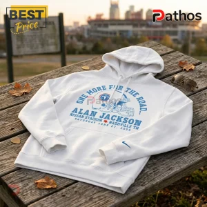 White hoodie with Alan Jackson One More For The Road Nashville concert graphics featuring a football helmet design.!