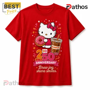 Hello Kitty x Dunkin Donuts 250th Anniversary Special Edition T-Shirt 2 Hello Kitty t-shirt in red featuring a donut and Dunkin iced coffee with 250th anniversary graphic text.!
