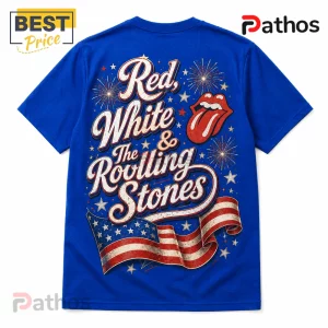 The Rolling Stones Vintage Celebration Illustrated Crewneck T-Shirt 3 Blue t-shirt featuring Red, White & The Rolling Stones text, band logo, fireworks, and a waving American flag graphic.!