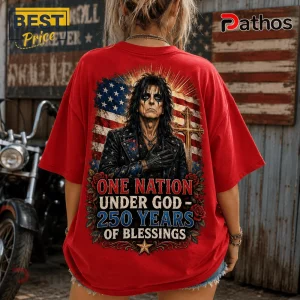 Alice Cooper One Nation Under God 250 Years Red T-Shirt 4 Red oversized t-shirt featuring Alice Cooper, an American flag, a cross, and text: One Nation Under God 250 Years of Blessings.!