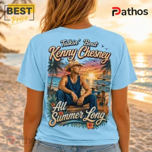 Light blue t-shirt featuring Kenny Chesney, a straw hat, guitar, and tropical beach sunset graphic with song lyrics.!