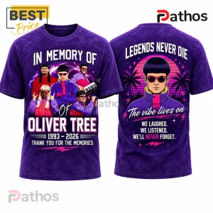 Oliver Tree In Memory Of 1993-2026 Retro Purple T-Shirt 3 Purple graphic t-shirt featuring Oliver Tree collage on front and portrait with synthwave sunset background on back.!