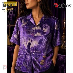Prince tribute button-up shirt in purple satin featuring an electric guitar, doves, roses, and the artist's portrait.!
