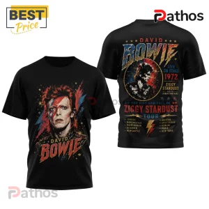 Black cotton t-shirt featuring a David Bowie Ziggy Stardust front graphic and a 1972 tour date back print design.!