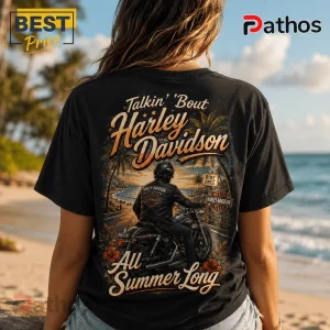 Harley-Davidson Summer Vibes Motorcycle Beach T-Shirt 5 Black cotton t-shirt featuring a Harley-Davidson motorcycle rider graphic on a beach background with tropical flowers.!
