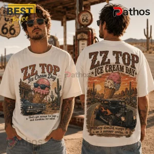 Off-white cotton t-shirt featuring vintage-style ZZ Top Ice Cream Day desert graphic with classic hot rod and cactus art.!