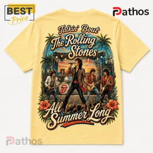 Yellow t-shirt featuring a Rolling Stones concert illustration with palm trees, hibiscus flowers, and the band on stage.!