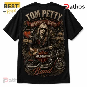 Black cotton t-shirt featuring Tom Petty with guitar, Harley-Davidson logo, and stylized rock band graphic text.!