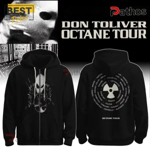 Don Toliver Octane World Tour Black T-Shirt 3 Black zip-up hoodie featuring Don Toliver Octane Tour graphic, skull print on chest, and tour city list on back.!