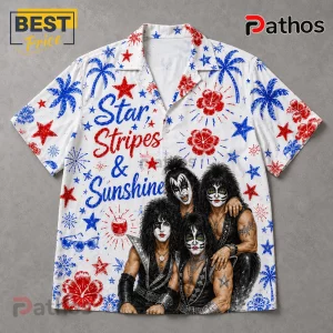 KISS band members graphic on a white button-up shirt with red and blue stars, palm trees, and hibiscus flowers pattern.!