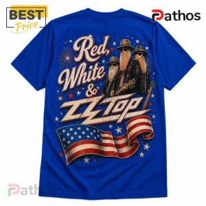 ZZ Top Red White and Blue Patriotic 2026 Shirt 3 Blue graphic t-shirt featuring ZZ Top band members, patriotic stars, and an American flag with text Red, White & ZZ Top.!
