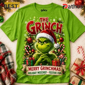 Lime green cotton t-shirt featuring The Grinch wearing a Santa hat, surrounded by gifts, candy canes, and Christmas lights.!