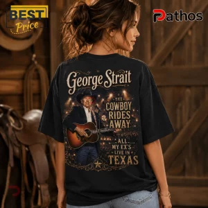 Black cotton t-shirt featuring George Strait playing guitar with concert graphics and text on the back.!