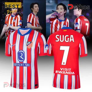 Atletico Madrid jersey featuring red and white stripes, Riyadh Air sponsor logo, and Suga 7 name and number on the back.!