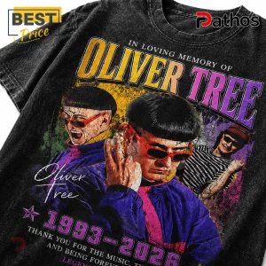 Oliver Tree Vintage 1993 2026 Memorial T-Shirt 1 Oliver Tree vintage style memorial graphic t-shirt in black cotton with multi-colored portrait prints and custom text.!