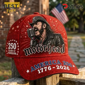 Red baseball cap featuring Motörhead singer Lemmy, text reading 250 Years of Freedom and America 250 1776-2026.!