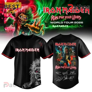 Iron Maiden black baseball jersey with red trim featuring Eddie the Head graphics and Run For Your Lives tour branding.!