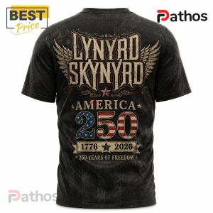 Lynyrd Skynyrd black graphic t-shirt featuring wings, an American flag motif, and 250 years of freedom text on the back.!