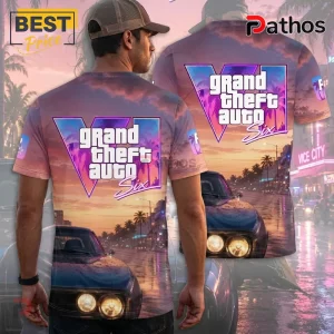 Grand Theft Auto VI graphic t-shirt featuring a neon Vice City sunset landscape, a classic muscle car, and purple logo text.!