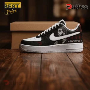 Post Malone Black Plaid Rockstar Edition Air Force 1 Sneakers 1 Custom Nike Air Force 1 sneaker featuring black and white Post Malone portrait, red plaid heel, and Rockstar text detail.!