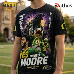 Black vintage-wash t-shirt featuring Godzilla, Oregon Duck mascot, and Dante Moore with Japanese text on a football field.!