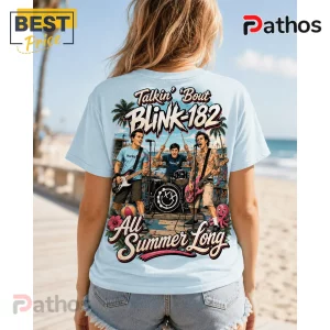 Blink-182 All Summer Long Pop Punk Graphic T-Shirt 5 Light blue t-shirt with a back print of the band Blink-182 performing on a beach with palms and an octopus illustration.!